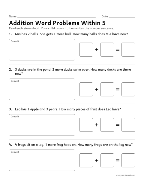 Preview of the printable “Addition word problems within 5” worksheet: solving addition word problems within 5 by drawing