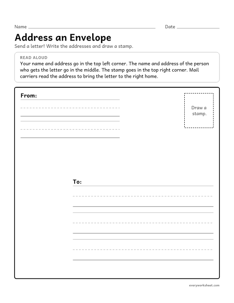 Preview of the printable “Address an envelope” worksheet: addressing an envelope: who it is from, who it is to, and a stamp