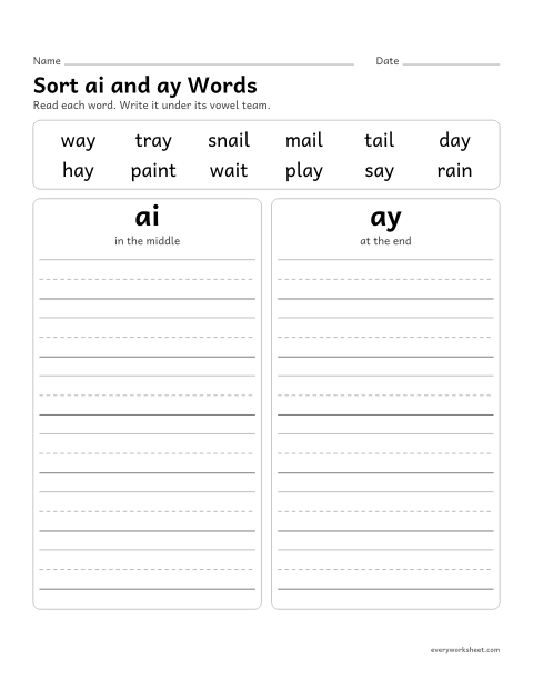 Preview of the printable “Sort ai and ay words” worksheet: sorting long a words spelled ai and ay
