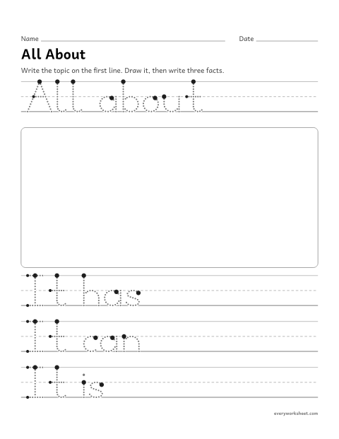 Preview of the printable “All about writing page (Any Topic)” worksheet: naming a topic and writing three facts about it