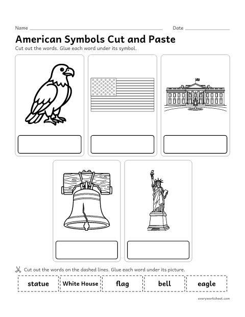 Preview of the printable “American symbols cut and paste” worksheet: matching American symbols to their names (cut and paste)