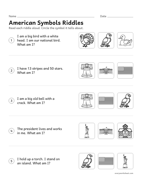 Preview of the printable “American symbols riddles” worksheet: naming American symbols from spoken clues
