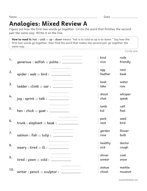 Preview of the printable “Analogies Worksheet: mixed review A” worksheet: figuring out the relationship and finishing mixed analogies