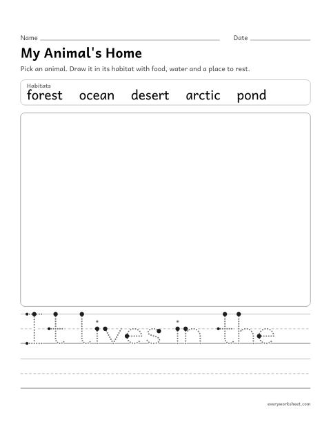 Preview of the printable “Draw an animal in its habitat” worksheet: drawing an animal in the habitat that meets its needs