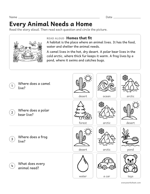Preview of the printable “Animal habitats read aloud” worksheet: answering questions about habitats read aloud