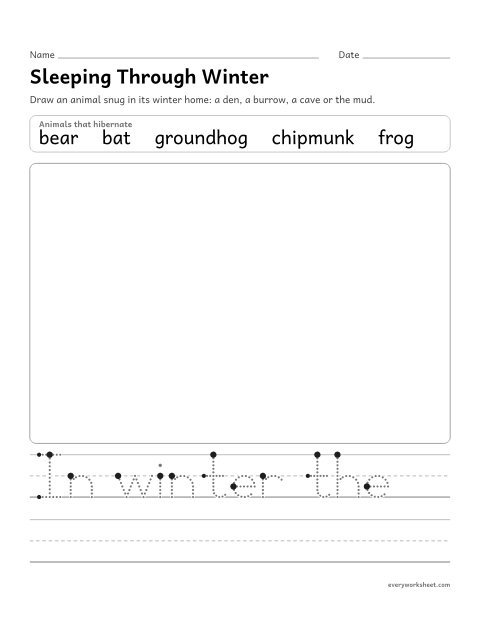 Preview of the printable “Draw an animal hibernating” worksheet: drawing and writing about an animal that hibernates