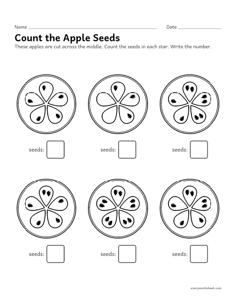 Preview of the printable “Count the apple seeds” worksheet: counting apple seeds to 10 and writing the number