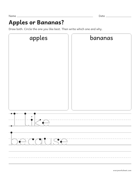 Preview of the printable “Apples or bananas opinion writing prompt” worksheet: choosing between apples and bananas and telling why