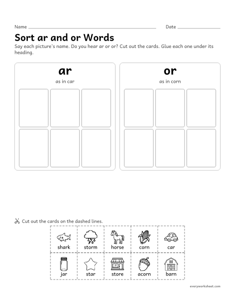 Preview of the printable “Sort ar and or Words: cut and paste” worksheet: sorting pictures by the ar or or sound