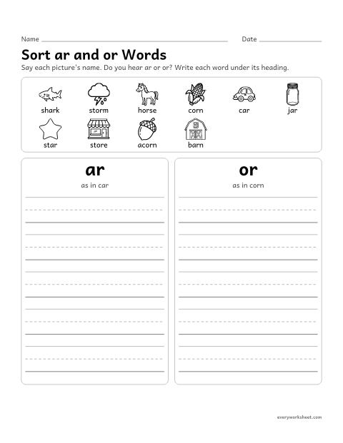 Preview of the printable “Sort ar and or words (No Cutting)” worksheet: sorting ar and or words by writing them