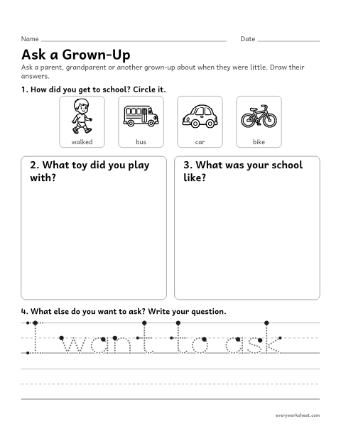 Preview of the printable “Ask a Grown-Up about long ago” worksheet: asking a grown-up questions about life when they were young