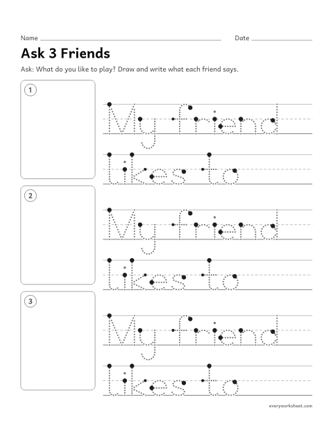 Preview of the printable “Ask 3 Friends: gathering answers” worksheet: gathering information from others to answer a question