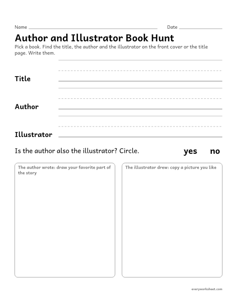 Preview of the printable “Author and illustrator book hunt” worksheet: naming the author and illustrator of a book