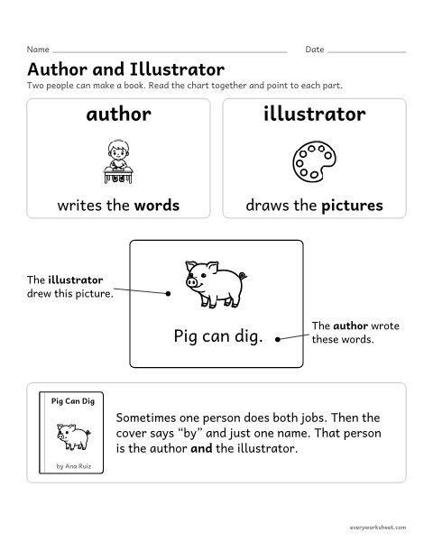 Preview of the printable “Author and illustrator” worksheet: telling what the author and the illustrator do