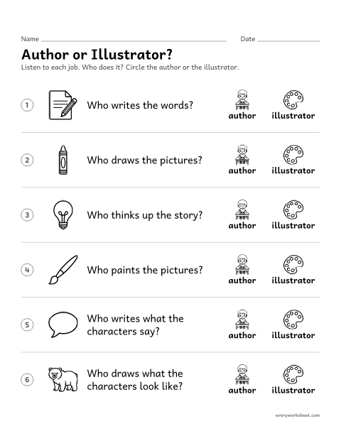 Preview of the printable “Author or Illustrator?” worksheet: telling what the author and the illustrator do