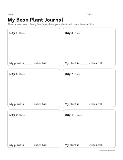 Preview of the printable “Bean plant observation journal” worksheet: watching a bean plant grow and recording changes over time
