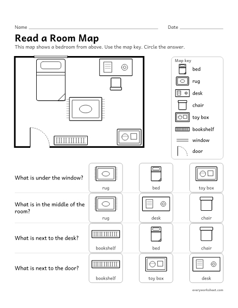 Preview of the printable “Bedroom Map: read the map” worksheet: reading a simple room map with a map key and position words (under, middle, next to)