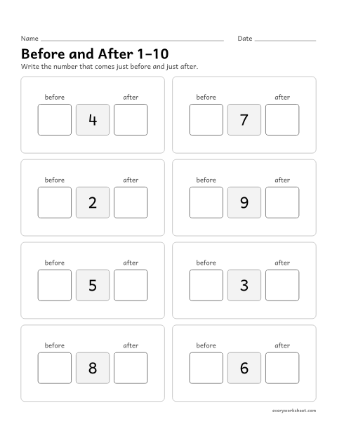 Preview of the printable “Before and after 1–10” worksheet: naming the number just before and just after, 1 to 10