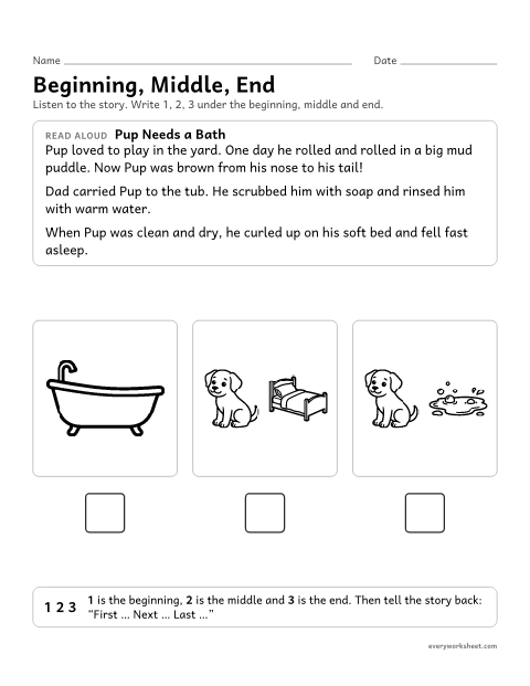 Preview of the printable “Beginning, Middle, End: pup needs a bath” worksheet: putting the beginning, middle and end of a read-aloud story in order