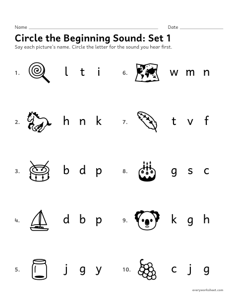 Preview of the printable “Circle the beginning Sound: set 1” worksheet: hearing the first sound in a word and finding its letter