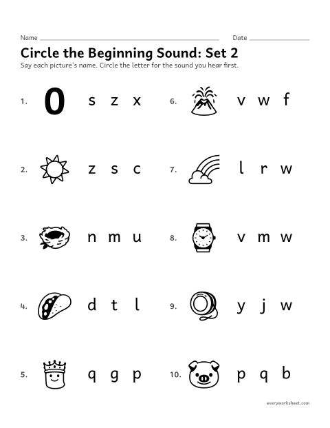 Preview of the printable “Circle the beginning Sound: set 2” worksheet: hearing the first sound in a word and finding its letter
