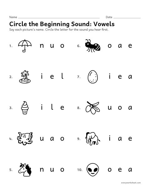 Preview of the printable “Circle the beginning Sound: vowels” worksheet: hearing a vowel at the start of a word and finding its letter