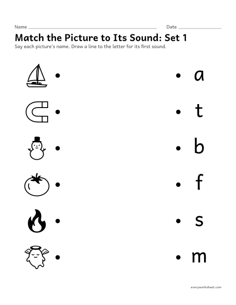 Preview of the printable “Match the picture to its Sound: set 1” worksheet: matching pictures to the letter for their first sound