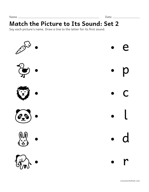 Preview of the printable “Match the picture to its Sound: set 2” worksheet: matching pictures to the letter for their first sound