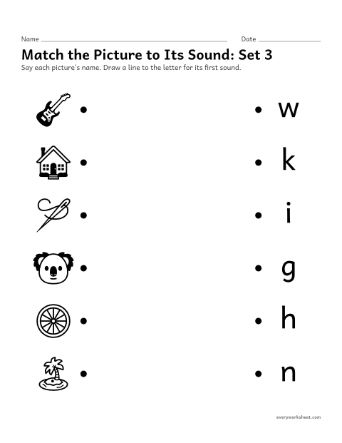 Preview of the printable “Match the picture to its Sound: set 3” worksheet: matching pictures to the letter for their first sound