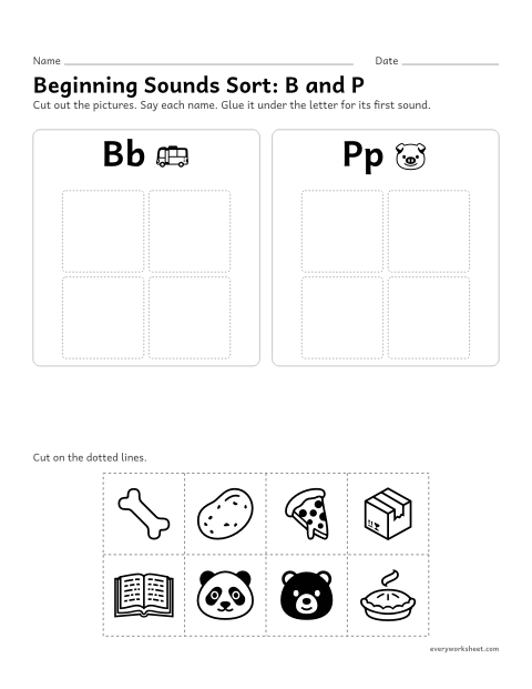 Preview of the printable “Beginning sounds Sort: B and P” worksheet: sorting pictures by their first sound, b or p