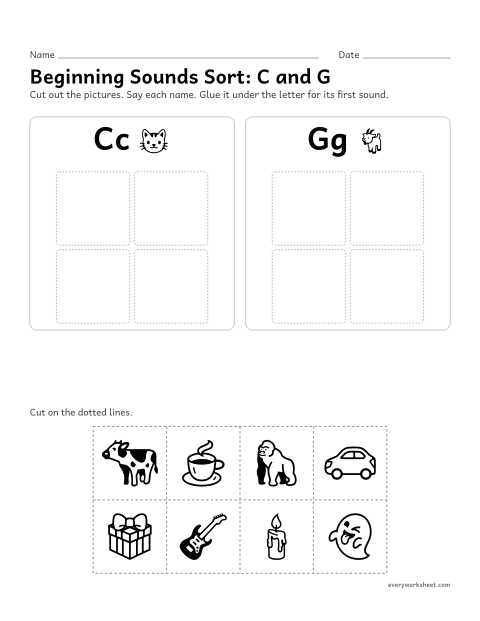Preview of the printable “Beginning sounds Sort: C and G” worksheet: sorting pictures by their first sound, c or g