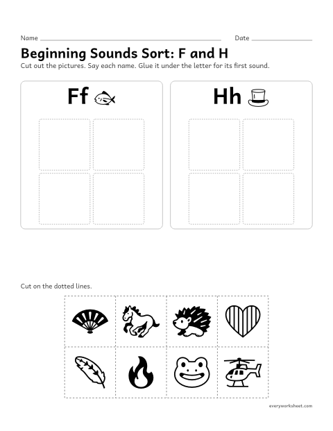 Preview of the printable “Beginning sounds Sort: F and H” worksheet: sorting pictures by their first sound, f or h