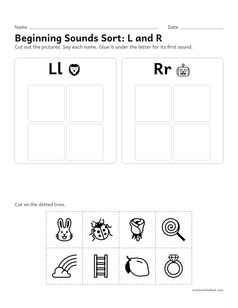 Preview of the printable “Beginning sounds Sort: L and R” worksheet: sorting pictures by their first sound, l or r