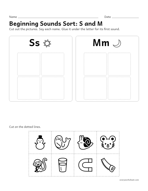 Preview of the printable “Beginning sounds Sort: S and M” worksheet: sorting pictures by their first sound, s or m