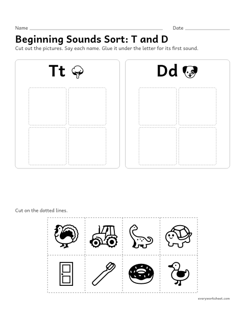 Preview of the printable “Beginning sounds Sort: T and D” worksheet: sorting pictures by their first sound, t or d