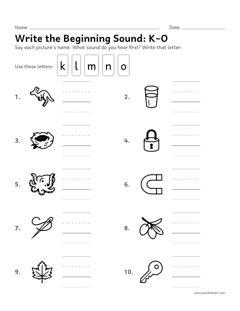 Preview of the printable “Write the beginning Sound: K–O” worksheet: hearing the first sound in a word and writing its letter