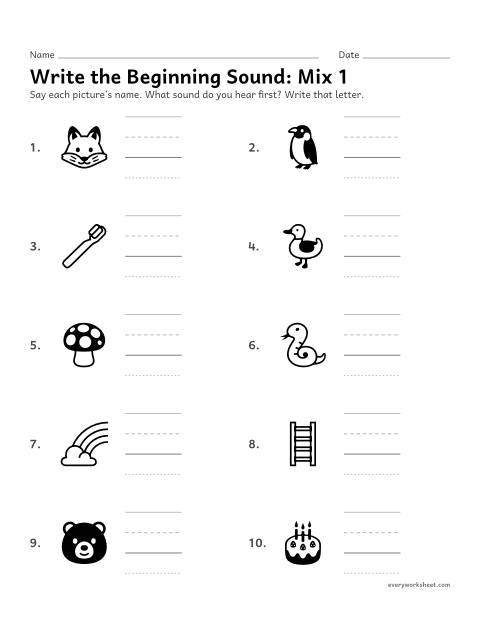 Preview of the printable “Write the beginning Sound: mix 1” worksheet: hearing the first sound in a word and writing its letter
