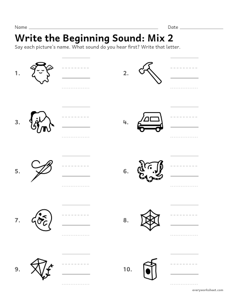 Preview of the printable “Write the beginning Sound: mix 2” worksheet: hearing the first sound in a word and writing its letter
