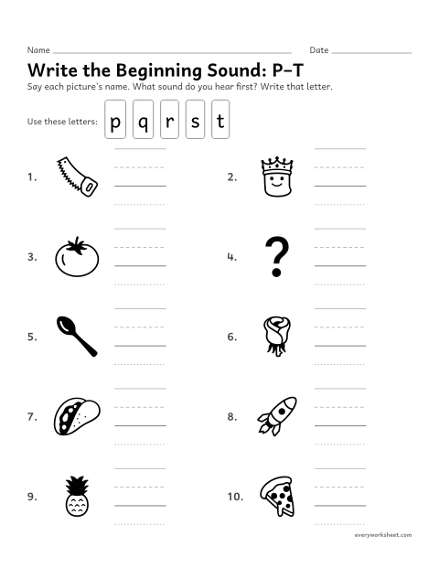 Preview of the printable “Write the beginning Sound: P–T” worksheet: hearing the first sound in a word and writing its letter