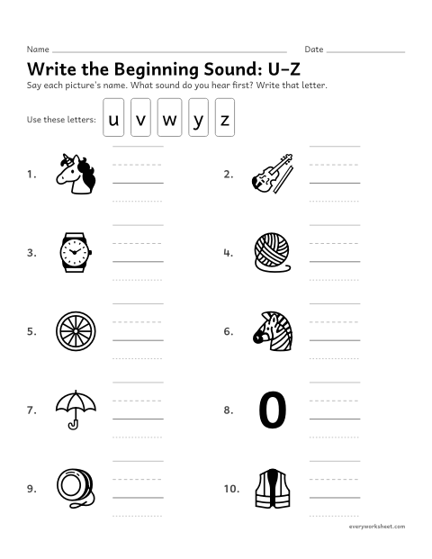 Preview of the printable “Write the beginning Sound: U–Z” worksheet: hearing the first sound in a word and writing its letter