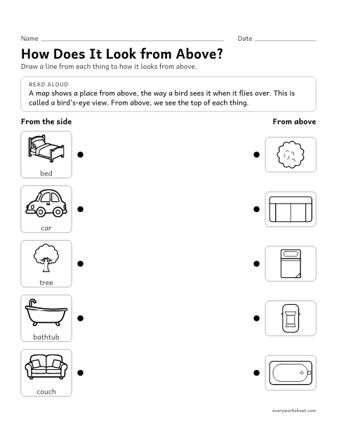 Preview of the printable “Bird's-Eye view matching” worksheet: matching objects to how they look from above (bird's-eye view), the view used on maps