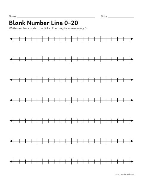 Preview of the printable “Blank number line 0–20” worksheet: writing numbers in order on a number line