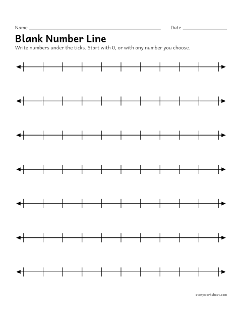 Preview of the printable “Blank number line” worksheet: writing numbers in order on a number line