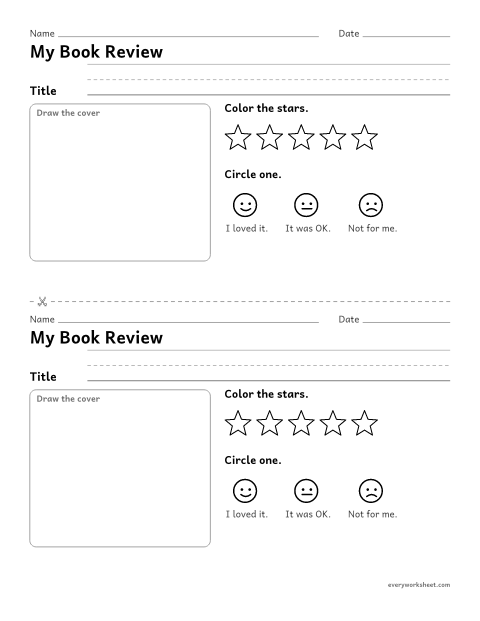Preview of the printable “Book review half page” worksheet: rating a book and giving a reason
