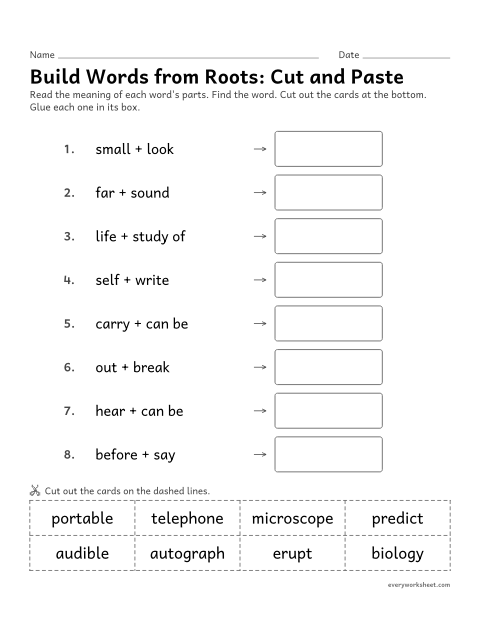 Preview of the printable “Build words from Roots: cut and paste” worksheet: matching root meanings to the words built from them