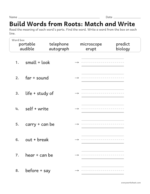 Preview of the printable “Build words from Roots: match and write (No Cutting)” worksheet: writing the word whose roots match each meaning