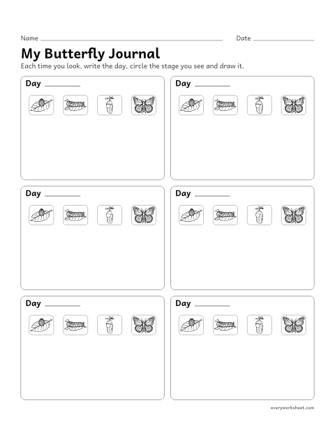 Preview of the printable “Butterfly observation journal” worksheet: observing and recording a caterpillar as it changes