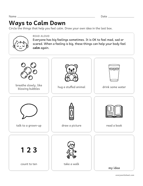 Preview of the printable “Calm down strategies” worksheet: choosing healthy ways to calm down when I have a big feeling