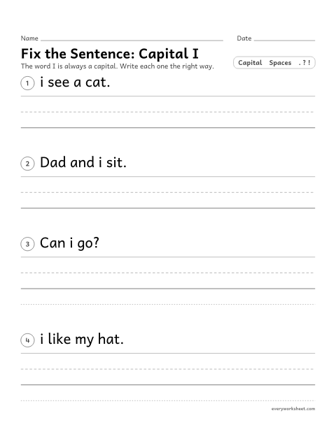 Preview of the printable “Fix the Sentence: capital I” worksheet: writing the word I as a capital letter