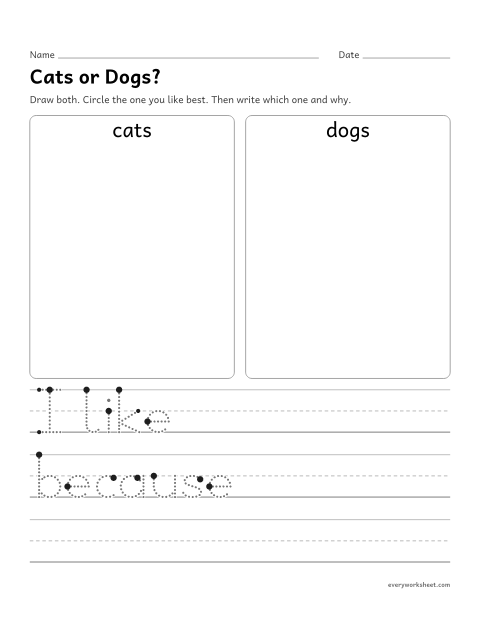 Preview of the printable “Cats or dogs opinion writing prompt” worksheet: choosing between cats and dogs and telling why